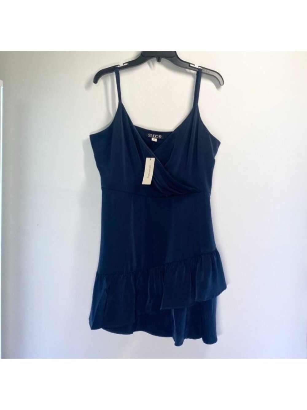 Studio 19 Navy Satin Ruffle Hem Dress XL Adjustable Straps NWT